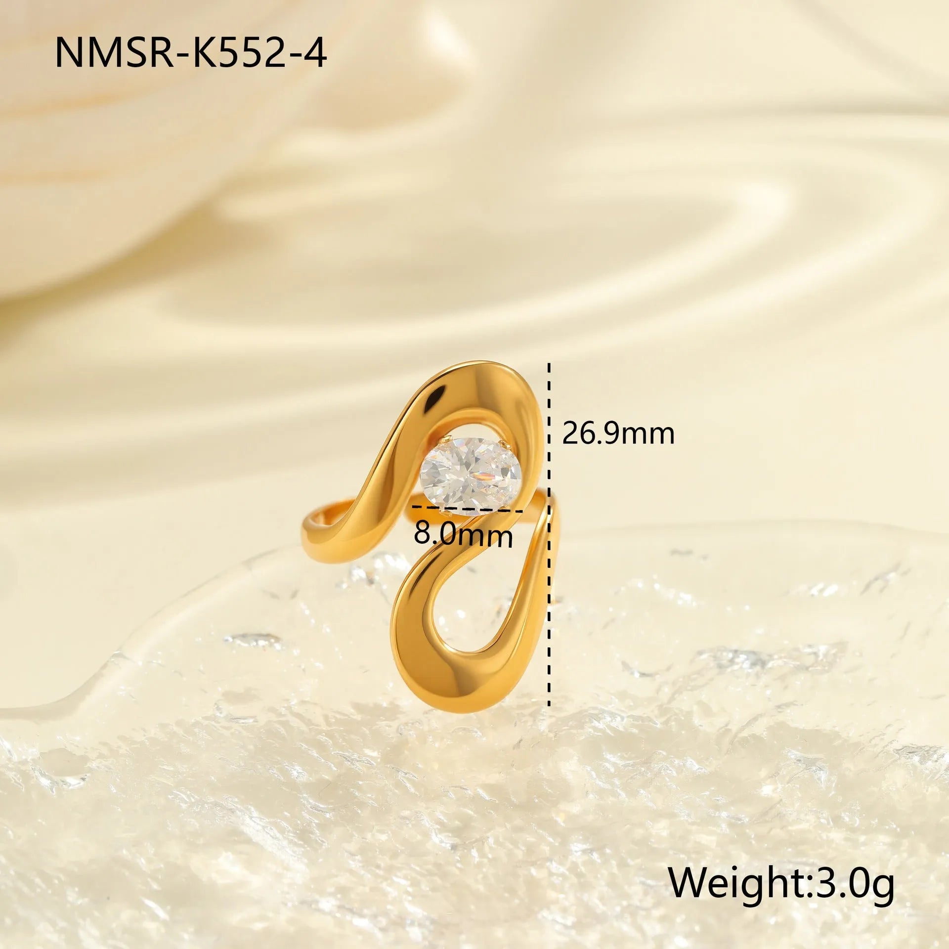 Geometric zircon ring showing round, oval and quadrangular design elements in stainless steel with electroplated finish