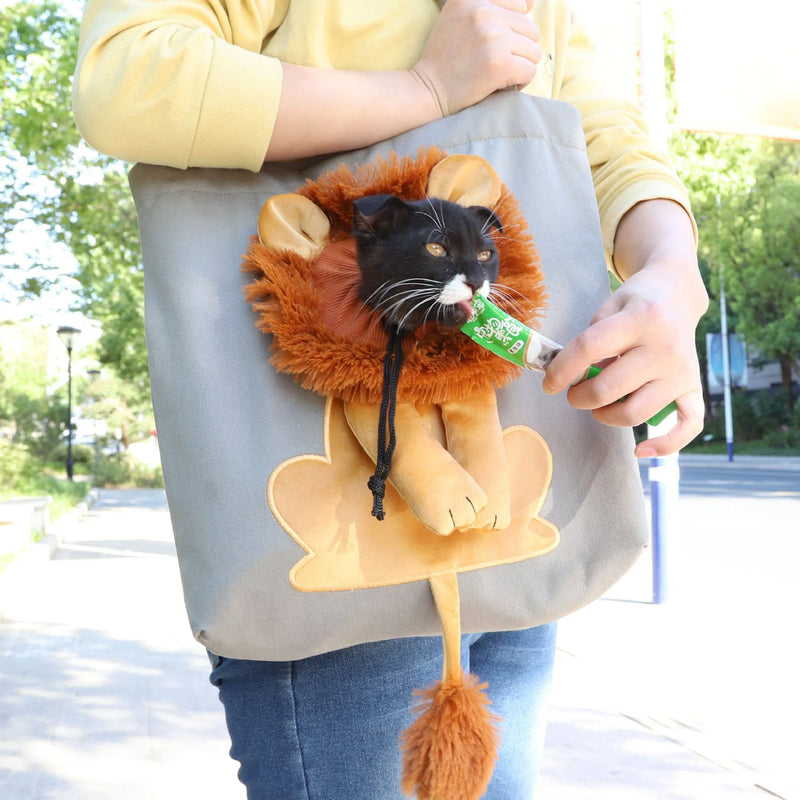 Soft Pet Carrier Bag Lion Design Portable Breathable Canvas Sling Handbag for Small Dogs and Cats Outgoing Travel with Safety Zippers and Adjustable Head Opening