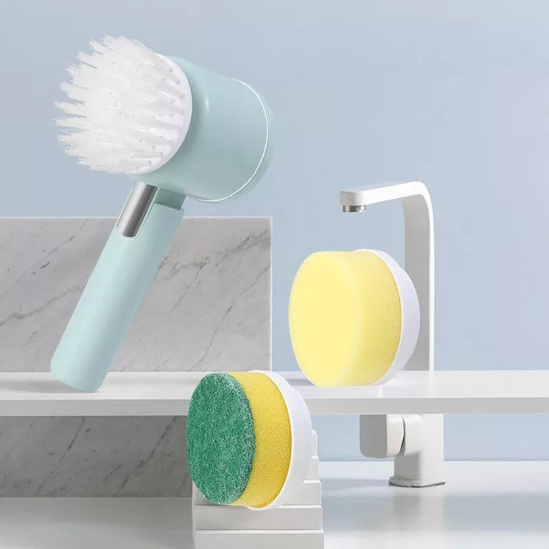 Foldable electric cleaning brush with three interchangeable heads in green, white, and yellow colors