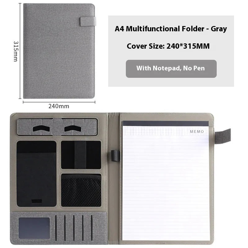Leather A4 business folder showing 35mm thickness and 325x250mm dimensions with optional pen and notepad accessories