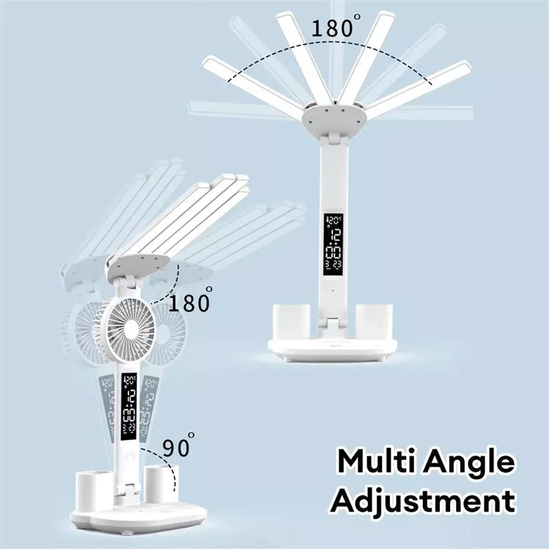 3-in-1 Multifunction LED Desk Lamp with fan, calendar clock, and adjustable lighting