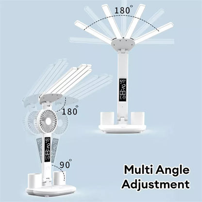 3-in-1 Multifunction LED Desk Lamp with fan, calendar clock, and adjustable lighting