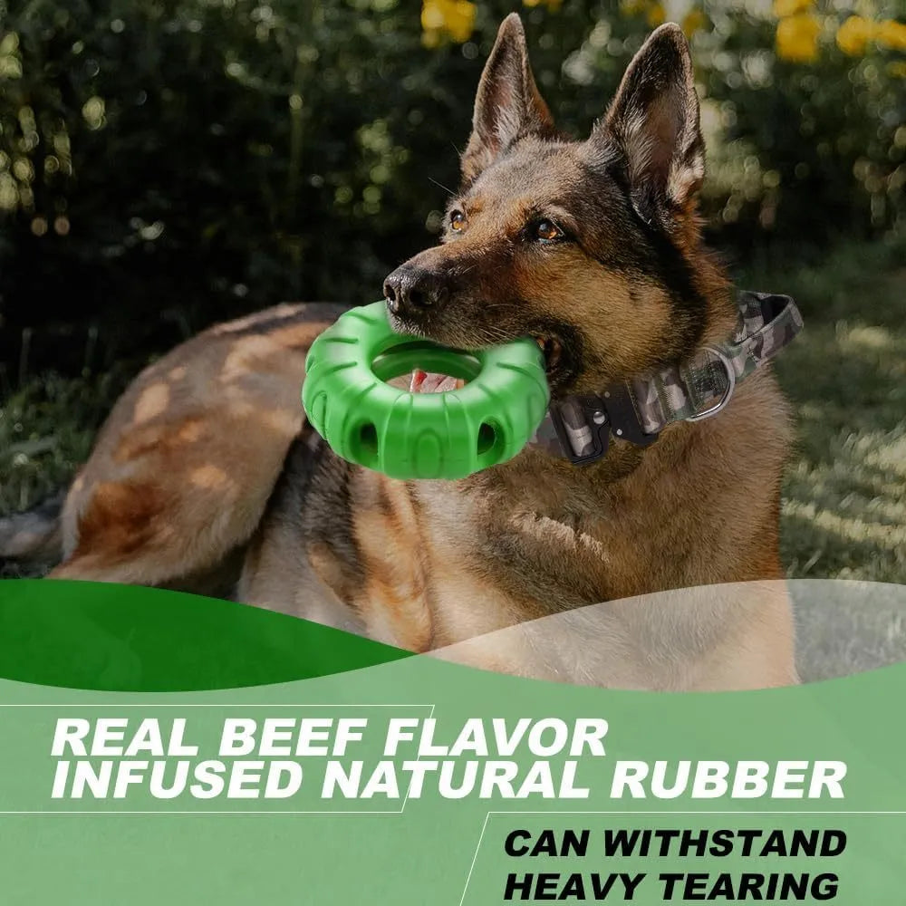 Blue tyre-shaped dog chew toy with oval openings, made from natural rubber for slow feeding