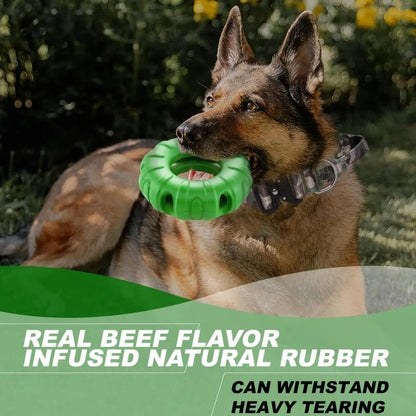 Blue tyre-shaped dog chew toy with oval openings, made from natural rubber for slow feeding