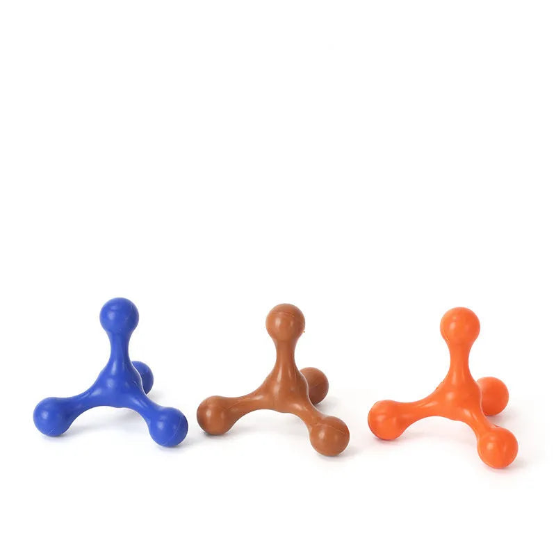Blue silicone puppy chew toy with three-leg design measuring 9.5cm for teething relief
