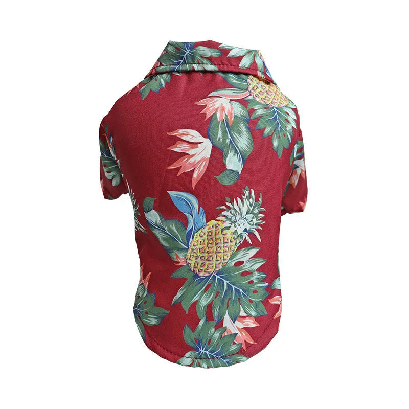 Breathable pet shirts featuring tropical pineapple, coconut tree, and Hawaiian-inspired prints