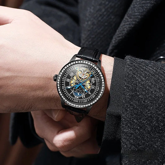 Men's waterproof mechanical watch with stainless steel case, 42mm dial, and butterfly buckle on wrist