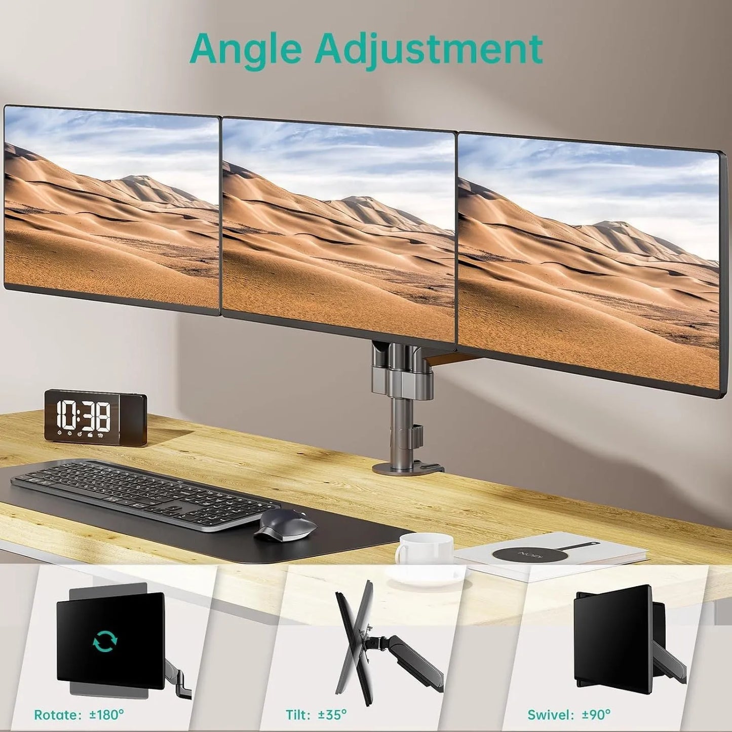 Black aluminium three-arm gas spring monitor holder mounted on a desk edge.