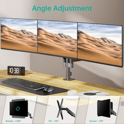 Black aluminium three-arm gas spring monitor holder mounted on a desk edge.