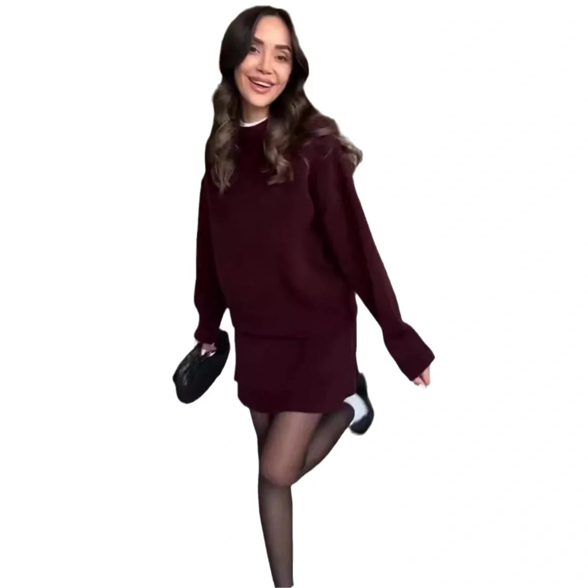 Stylish two-piece knit sweater and mini skirt set for women in a variety of classic colors