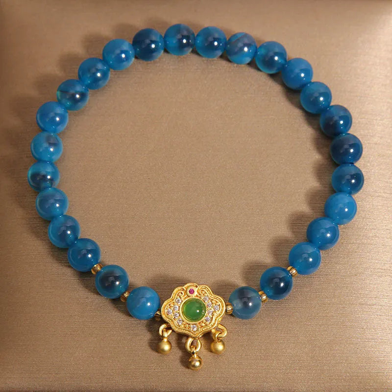 Blue sugar heart agate jade safety lock pendant bracelet with crystal construction and rhinestone accents