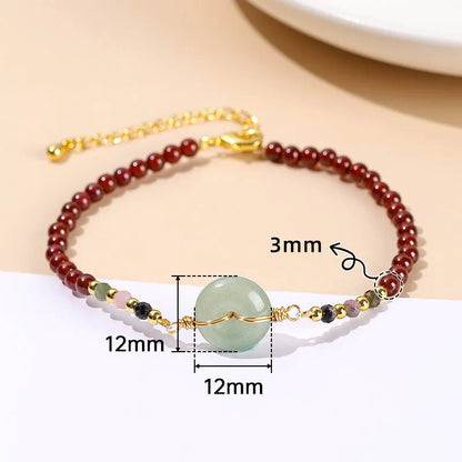 Chinese crystal agate and jade bracelet with round beads and garnet safety buckle
