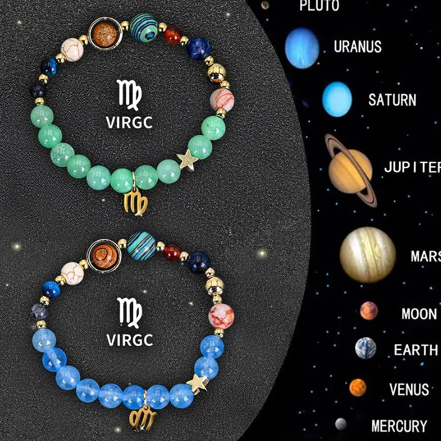 Two adjustable zodiac bracelets with natural stone beads and stainless steel charms showing 18-22cm circumference