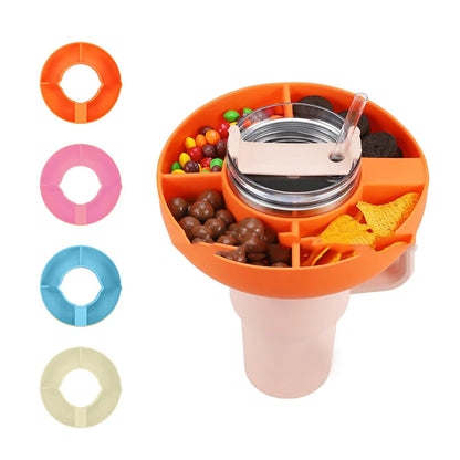 Versatile Silicone Snack Tray with four compartments, designed to attach to 40oz Stanley cups for convenient on-the-go snacking