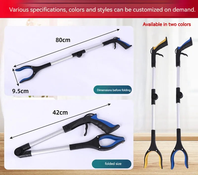 Foldable aluminium garbage clamp with extended pole and magnet sucker on blue handle.