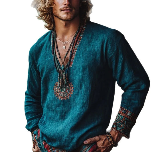 Boho holiday style vintage printed long sleeve top in European retro pullover design with picture colour pattern
