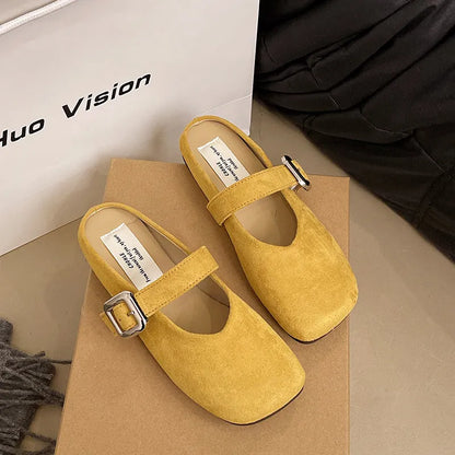 Women's flat square toe slipper in apricot colour with a rubber sole and PU upper.