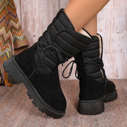 Women's black suede chunky heel snow boots with lace-up design and fleece lining, size 38 displayed