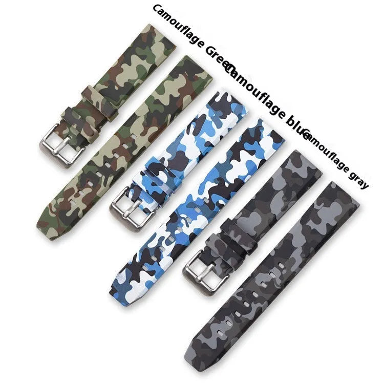 Camouflage pattern silicone watch strap showing blue, grey, and green options with flat head connectors
