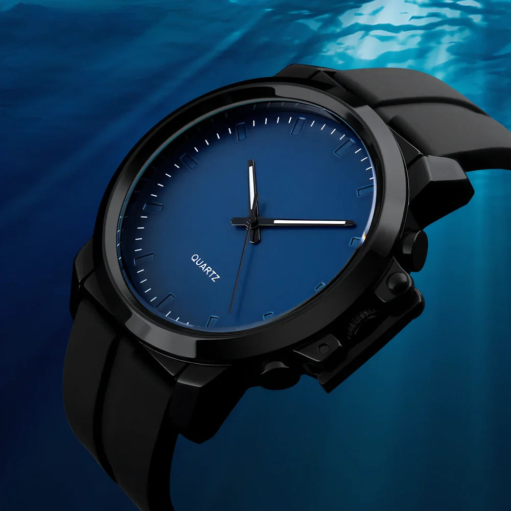 Men's black quartz wristwatch with 50mm dial, zinc alloy case, 12mm thickness, and silicone strap for outdoor use