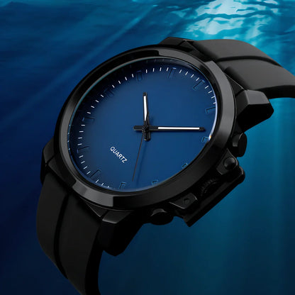 Men's black quartz wristwatch with 50mm dial, zinc alloy case, 12mm thickness, and silicone strap for outdoor use