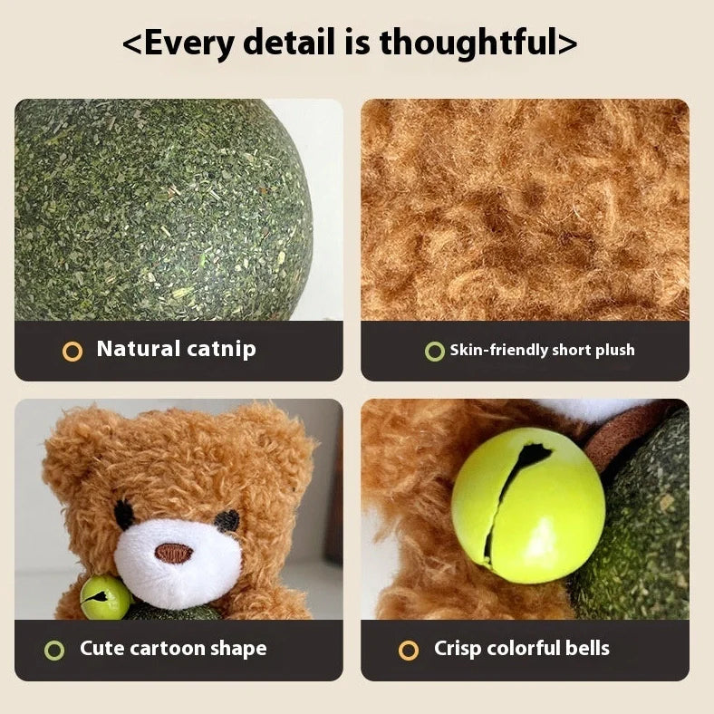 Brown bear catnip toy with 15cm height, 4cm mint ball, and visible bell inside plush material