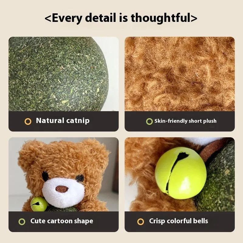 Brown bear plush cat toy with a white catnip ball, shown next to a green frog version.