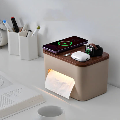 Beige geometric bedside lamp with tissue storage and wireless charging measuring 235×160×150mm