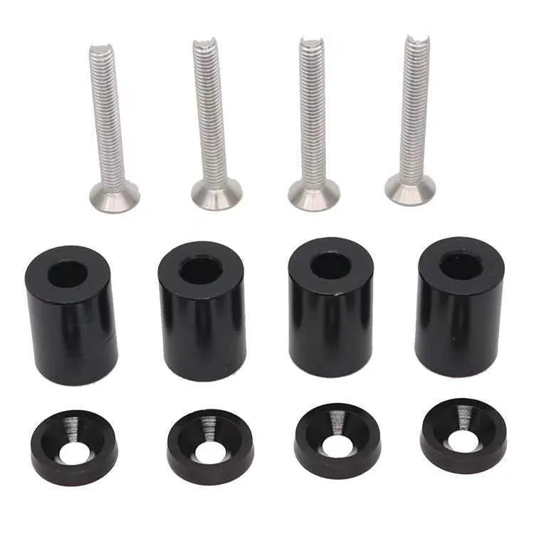 Aluminium alloy machine cover height spacer kit with screws, nuts, washers in red, blue, black.