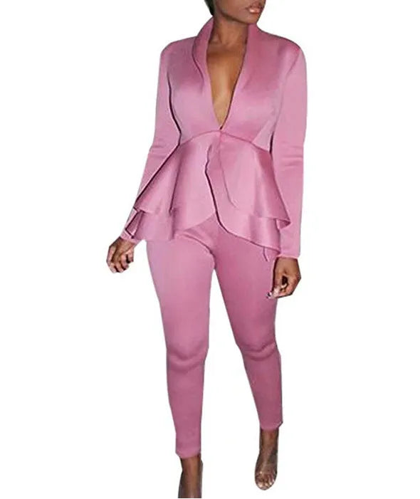 Ruffled shirt and pencil pants business casual wear set in polyester fabric