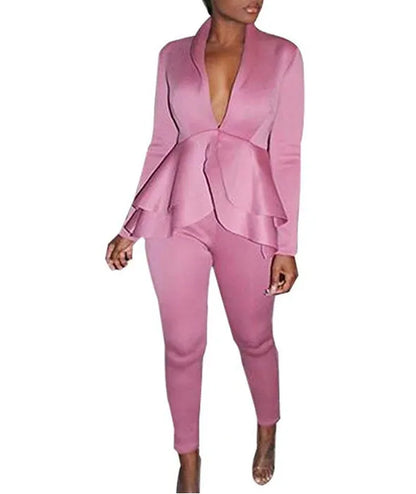 Ruffled shirt and pencil pants business casual wear set in polyester fabric
