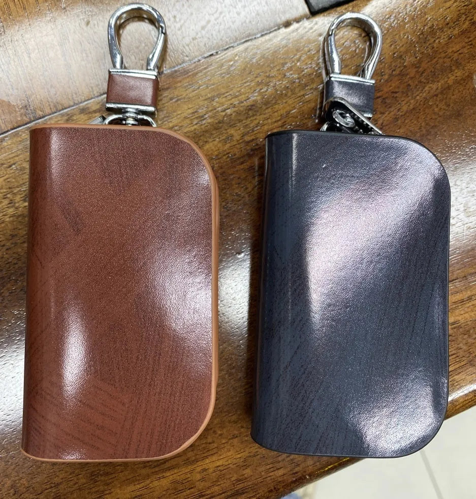 Genuine cowhide leather car key case with frosted finish in black and brown colours