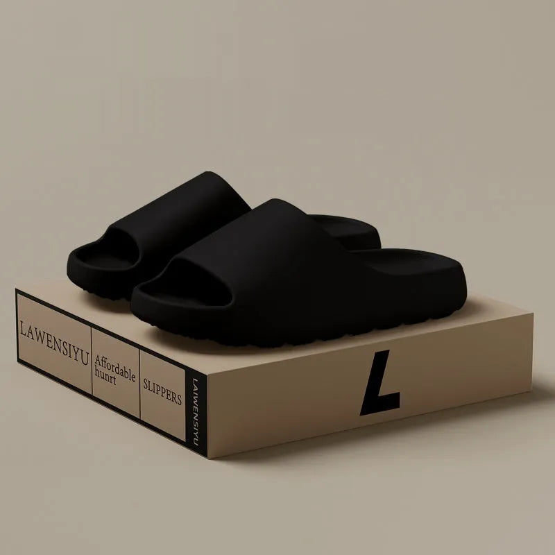 Women's thick sole beach slippers in EVA material, shown in available colours black, green, brown, and beige.