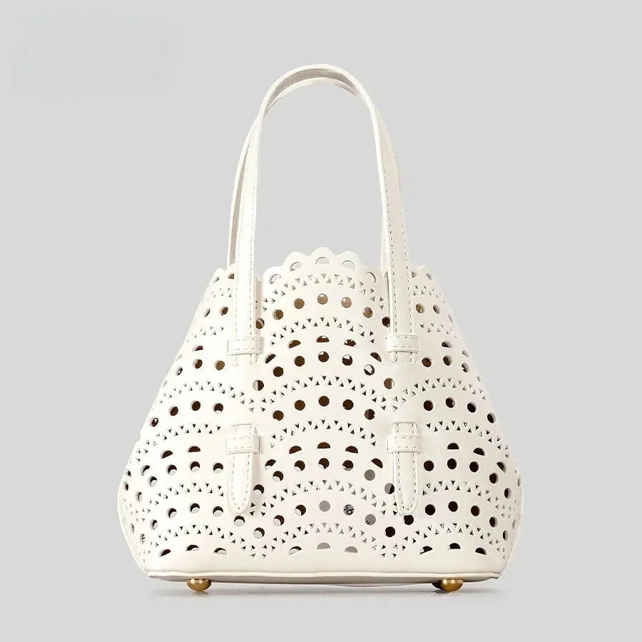 Hollow carved PU messenger tote bag with three straps in horizontal square shape
