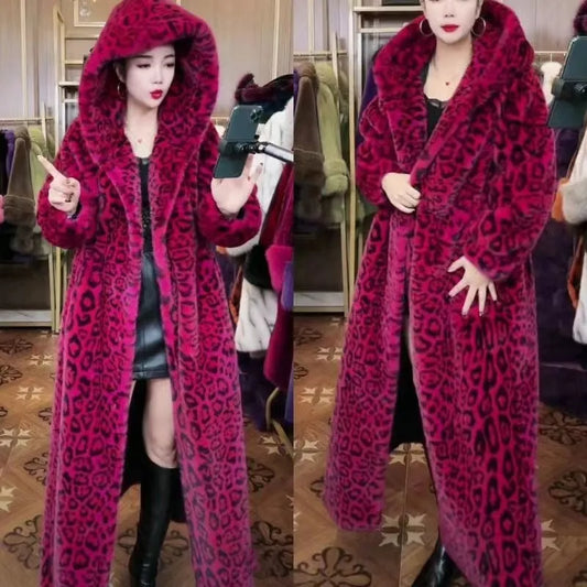 Brown leopard print faux fur coat with regular sleeves, 100cm length, plus size outerwear