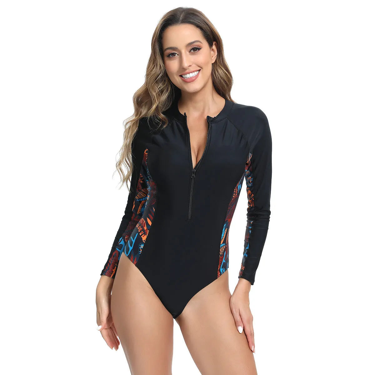 Women's long sleeve one-piece swimsuit with floral print in polyester fabric