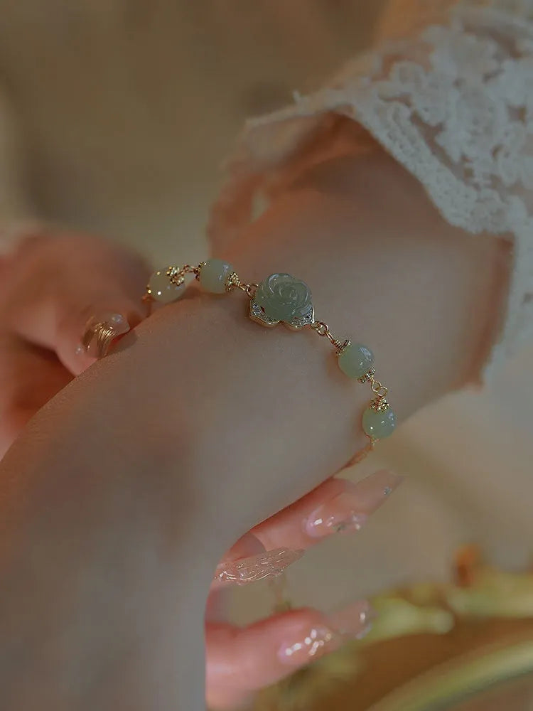 Hetian jade rose women's bracelet with 14K gold gilding and floral design