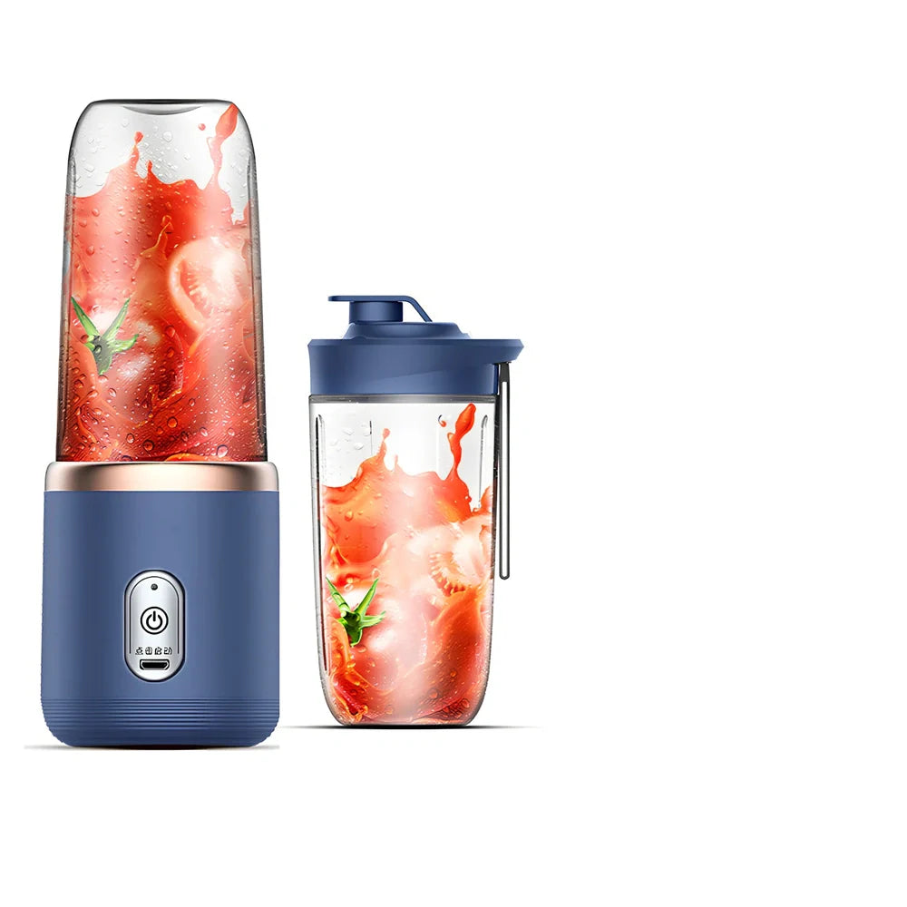 Portable juicer cup in sapphire blue with 400ml capacity and USB charging cable