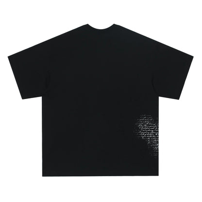 Black and white graphic t-shirt with retro hip hop gothic letter print, short sleeves.