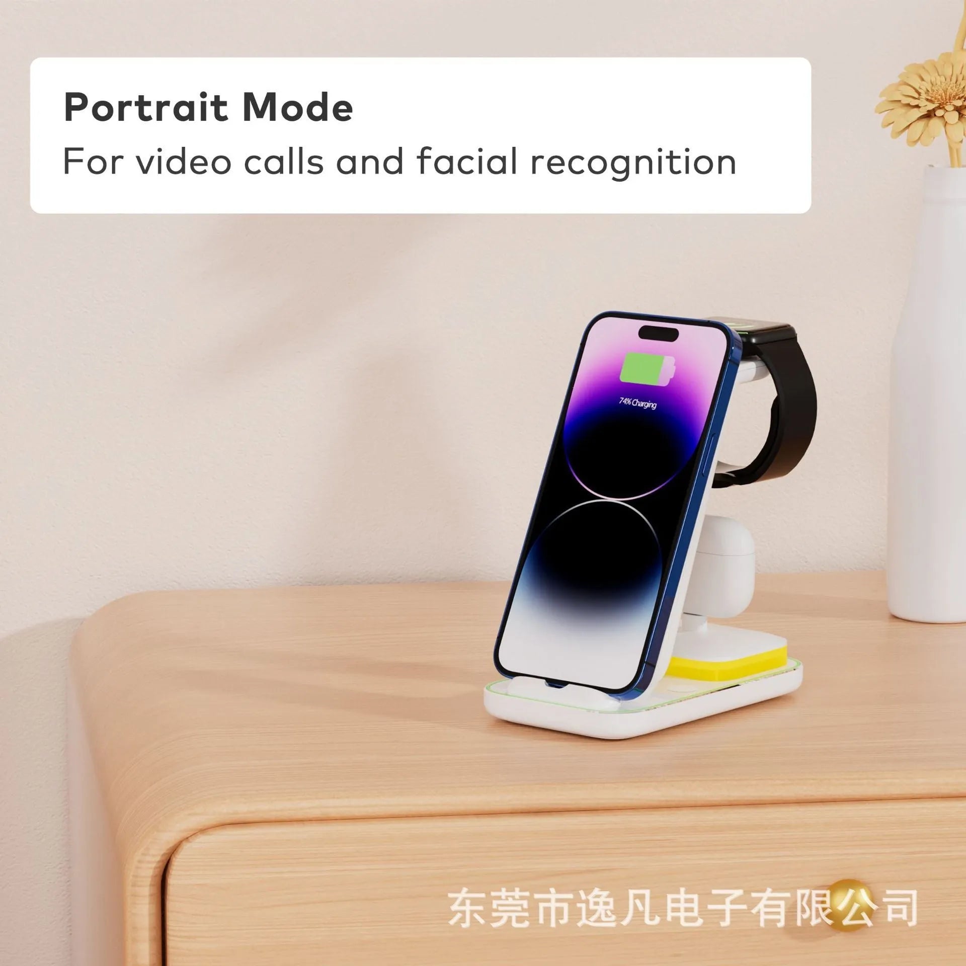 Black vertical wireless charger with phone, smartwatch and earbuds charging simultaneously