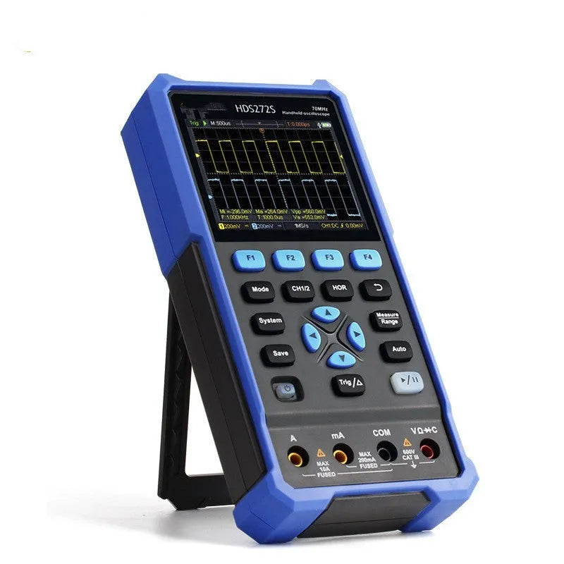 Owon HDS272 handheld digital oscilloscope with probe and accessories on a workbench.