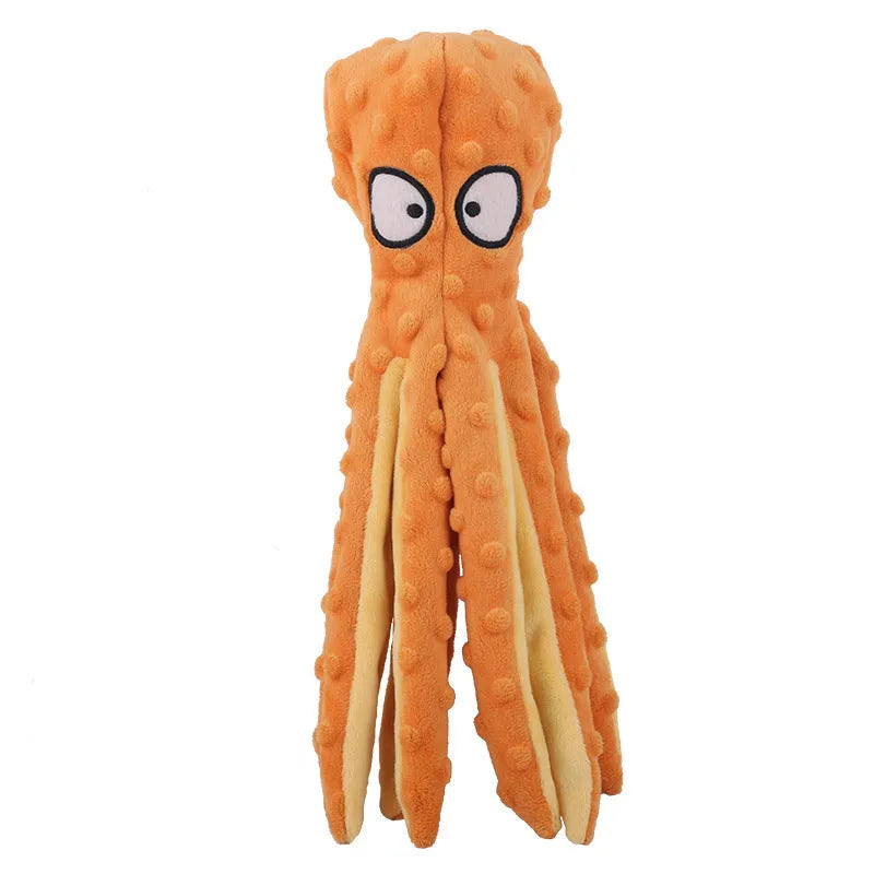 Blue octopus plush dog toy with tentacles, unfilled design with crinkle paper and squeaker sounds