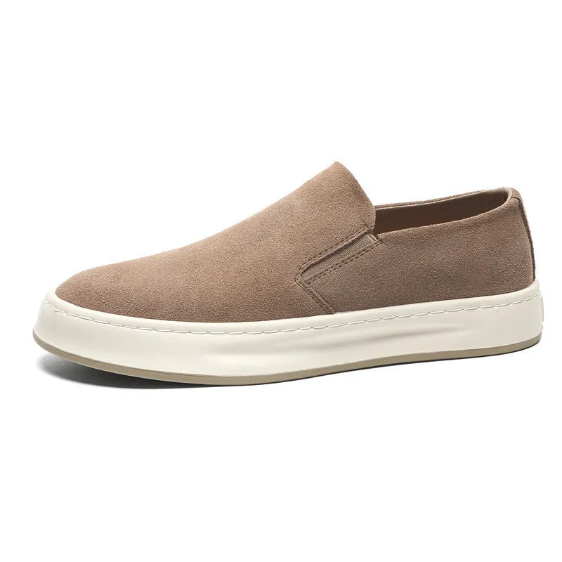 Men's casual shoes with round toe design and mid-heel height in grey and apricot colour options
