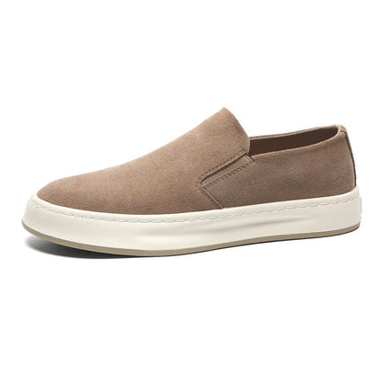 Men's casual shoes with round toe design and mid-heel height in grey and apricot colour options
