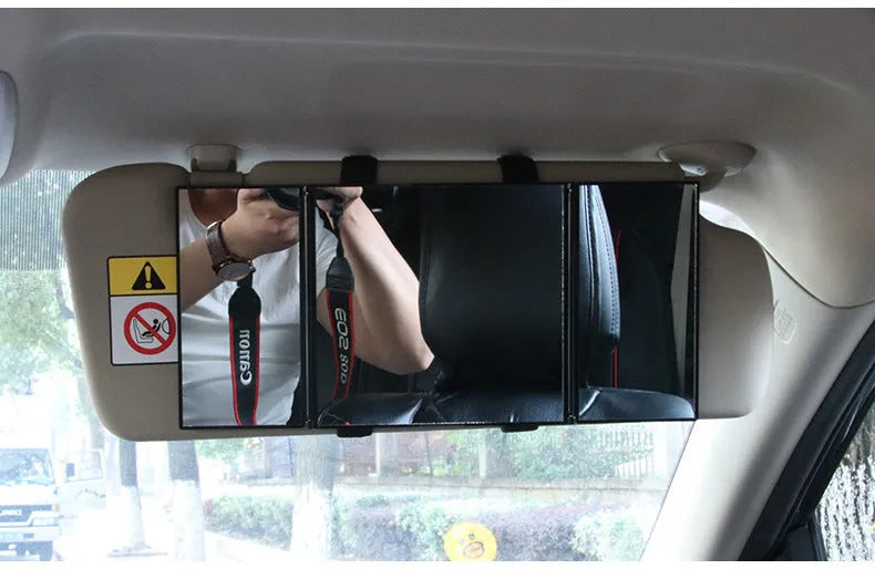 Silver car folding makeup mirror showing folded and opened positions with 30.5cm width