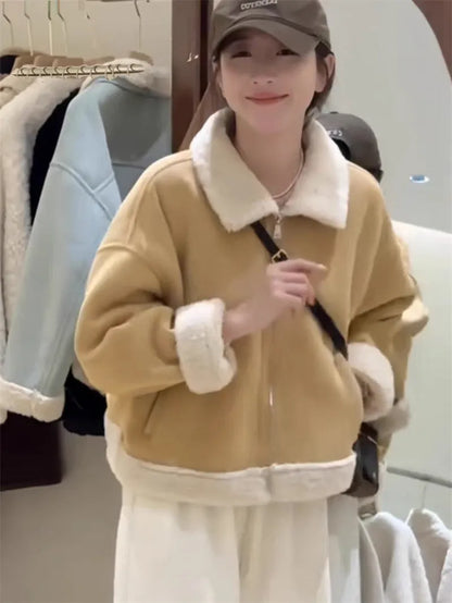 Korean-style lamb wool and fur coat in light blue or khaki, loose fit, thick chenille with spandex, 50cm length.