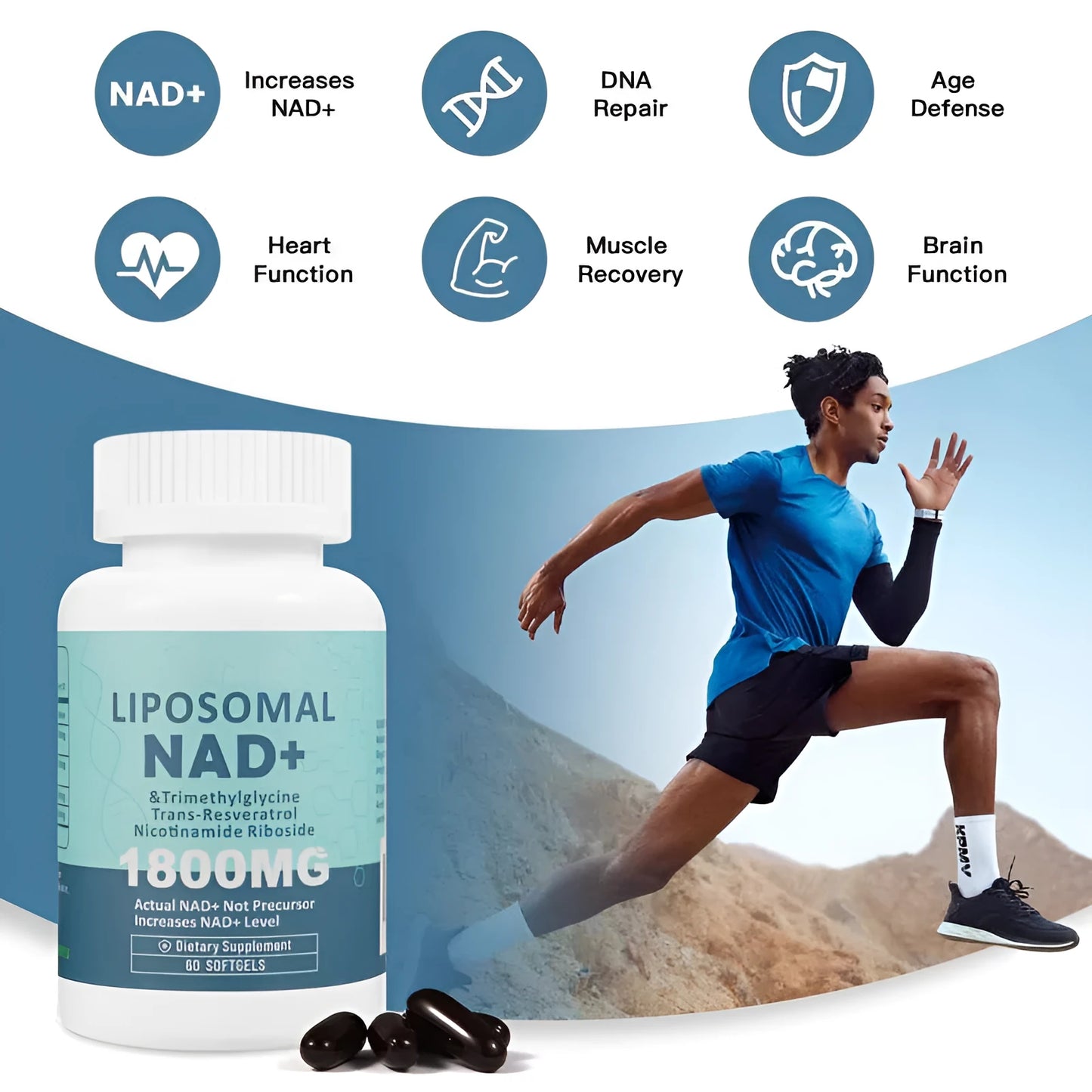 Bottle of nicotinamide mononucleotide gel supplement capsules showing 60 or 120 piece count options