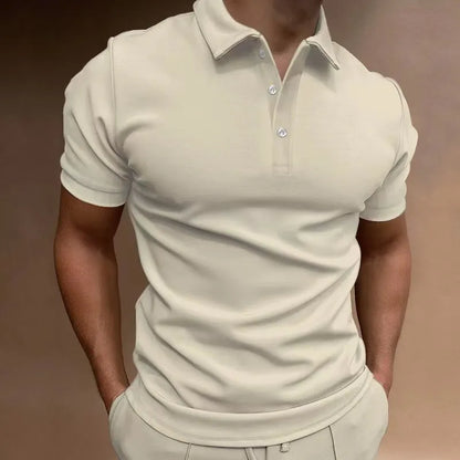 Men's grey loose-fit cotton blend t-shirt with a button detail and short sleeves.