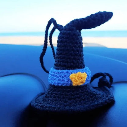 Soft, hand-woven plush car hanging ornament in a cartoon character design.