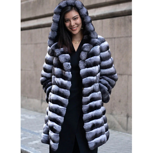Women's casual artificial mink overcoat with zebra stripes pattern, mid-length 65cm design, regular sleeves